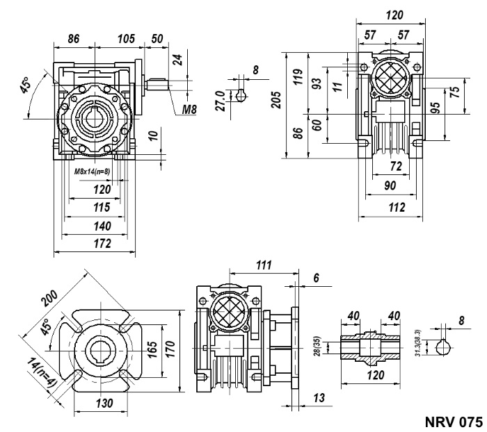 Габаритные и присоединительные размеры NMRV 075 передаточное число 100